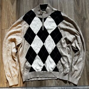 Large Brooks Brothers Country Club Beige and Black Argyle Quarter-Zip Sweater